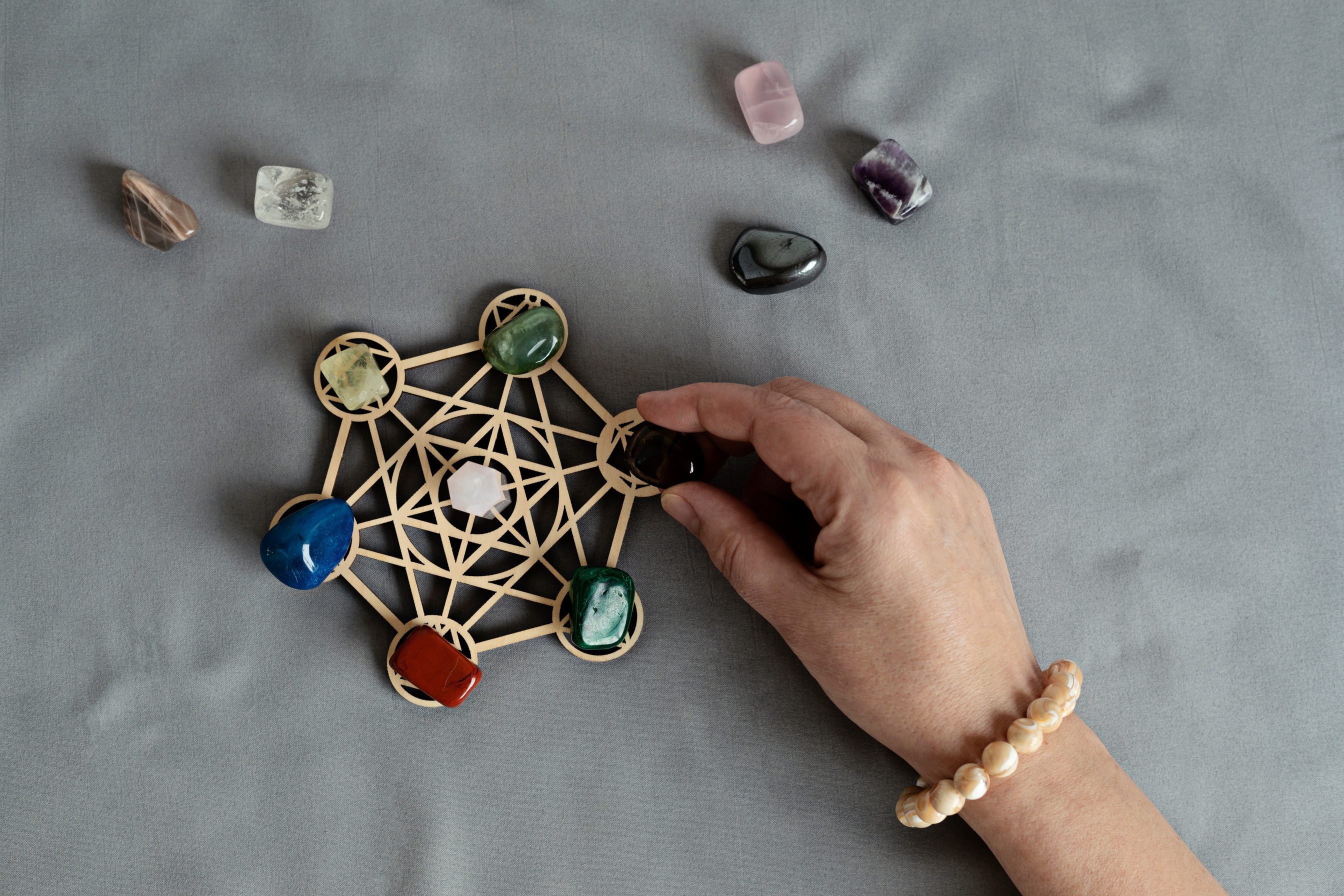 Healing chakra crystal grid . Rituals with gemstones for wellness, healing, meditation